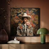 Presley - Gay Black Twunk Cowboy Art Print / Canvas Framed Portrait Man Ornate White Hat Floral-embellished Jacket Dandy, Afroamerican