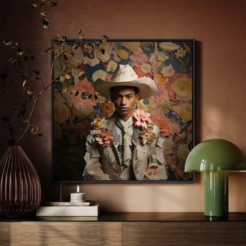 Presley - Gay Black Twunk Cowboy Art Print / Canvas Framed Portrait Man Ornate White Hat Floral-embellished Jacket Dandy, Afroamerican