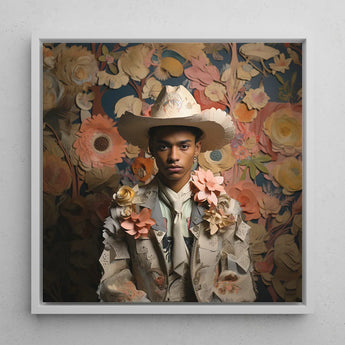 Presley - Gay Black Twunk Cowboy Art Print / Canvas Framed Portrait Person Ornate Cream-colored Hat Adorned Dandy, Afroamerican Outlaw’s,