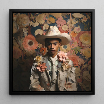 Presley - Gay Black Twunk Cowboy Art Print / Canvas Framed Portrait Person Off-white Hat Jacket Adorned Dandy, Afroamerican Outlaw’s,
