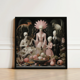 Framed Surrealist Artwork Pale Skeletal Figures Ornate Attire Grand High Ghoul’s Nuptial Feast