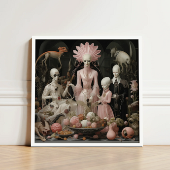Framed Artwork Surreal Scene Pale Stylized Figures Pink Grand High Ghoul’s Nuptial Feast