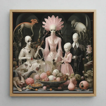 Pretty in Pink - Lowbrow Queer Horror Art Print / Canvas Framed Painting Alien Family Surreal Darkly Lit Scene Grand High Ghoul’s Nuptial