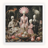 Pretty in Pink - Lowbrow Queer Horror Art Print, Surreal Family Portrait Pale Alien-like Figures Surrounded Fruits