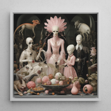Pretty in Pink - Lowbrow Queer Horror Framed Canvas, 12x12’’ / 31x31cm / White Floating Frame, Surreal Alien Family Portrait