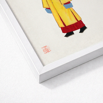 Framed Artwork Figure Traditional Yellow Red Robes Blue Hardy Jowett, 1930s Chinese Spirituality, Qing Dynasty Manchu Fashion