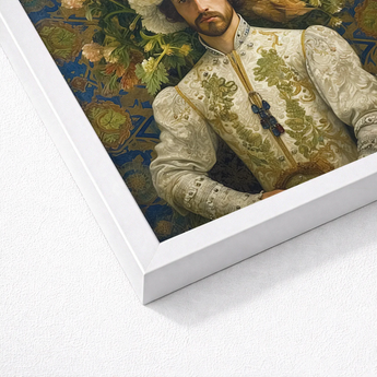White Framed Portrait Man Ornate Cream-colored Embroidered Renaissance Prince Alfonso, Itty-bitty Pretty Committee, Gay Spanish Royalty