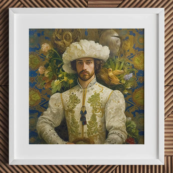 Prince Alfonso - Gay Spanish Royalty Baroque Art Print / Canvas White Framed Portrait Man Ornate Attire Floral Hat, Itty-bitty Pretty