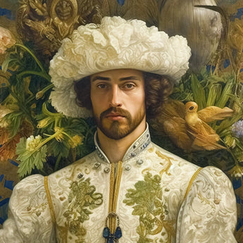 Prince Alfonso - Gay Spanish Royalty Baroque Art Print / Canvas White Fur Hat Gold Trim Floral Pattern, Itty-bitty Pretty Committee, Prints