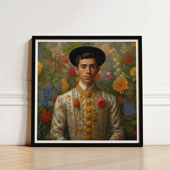 Framed Portrait Young Man Ornate Embroidered White Costume Itty-bitty Pretty Committee, Baroque Gay Princes, Mexican Royalty Queerart