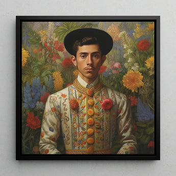 Prince Bernardino - Gay Mexican Royalty Art Print / Canvas Black-framed Portrait Man Traditional Spanish Attire Intricate Floral Itty-bitty