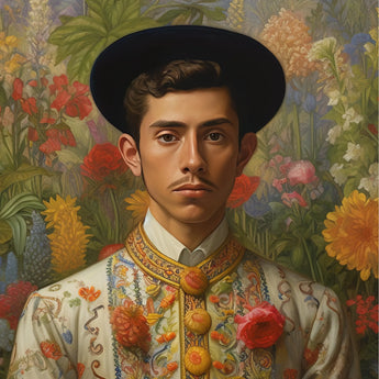 Prince Bernardino - Gay Mexican Royalty Art Print / Canvas Black Hat Gold Trim Floral Pattern Itty-bitty Pretty Committee, Baroque Princes,