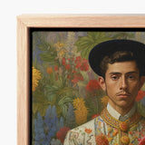 Framed Portrait Man Ornate Traditional Attire Surrounded Vibrant Itty-bitty Pretty Committee, Baroque Gay Princes, Mexican Royalty Queerart