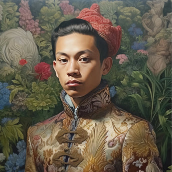 Prince Chakri - Gaysian Thai Royalty Art Print / Canvas Gold Brown Embroidered Brocade Jacket Intricate Floral Patterns, Baroque Gay