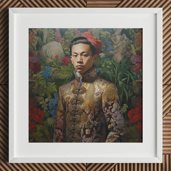 Prince Chakri - Gaysian Thai Royalty Art Print / Canvas Gold Embroidered Jacket Floral Pattern White Frame, Baroque Gay Princes, Prints