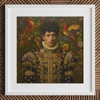 Prince Ignacio - Gay Spanish Royalty Art Print / Canvas Royal Blue Gold Ornate Jacket Red Birds Shoulders, Itty-bitty Pretty Committee,