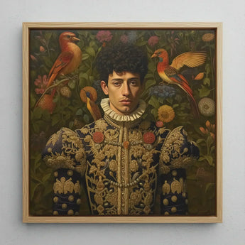Prince Ignacio - Gay Spanish Royalty Art Print / Canvas Square-framed Painting Man Ornate Dark Blue Gold Embroidered, Itty-bitty Pretty