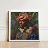Framed Portrait Man Ornate Attire Adorned Vibrant Flowers Prince Isaiah, Itty-bitty Pretty Committee, Baroque Gay Princes