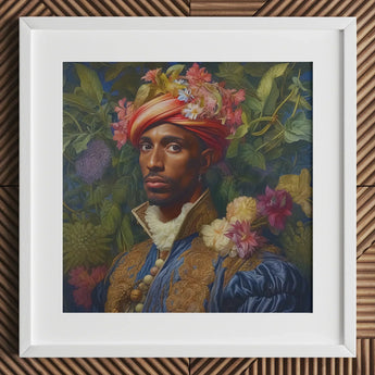 Prince Isaiah - Black Gay Royalty Baroque Art Print / Canvas Blue Velvet Jacket Floral Headpiece Turban-style Hat, Itty-bitty Pretty