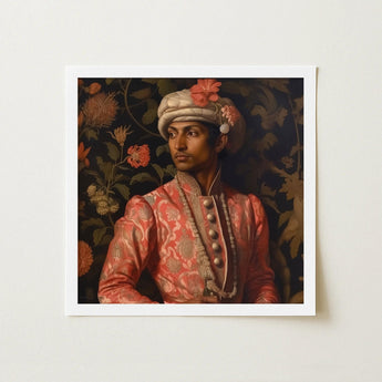 Prince Kaniyan - Tamil Gay Royalty Baroque Art Print / Canvas Framed Portrait Man Ornate Traditional Attire Coral-pink Embroidered,