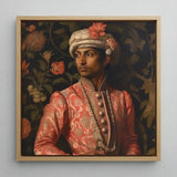 Prince Kaniyan - Tamil Gay Royalty Baroque Art Print / Canvas Framed Portrait Man Ornate Coral Gold Patterned Attire, Itty-bitty Pretty
