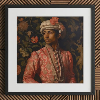 Prince Kaniyan - Tamil Gay Royalty Baroque Art Print / Canvas Framed Portrait Man Ornate Pink Gold Patterned Attire, Itty-bitty Pretty