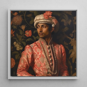 Prince Kaniyan - Tamil Gay Royalty Baroque Art Print / Canvas Framed Portrait Man Ornate Traditional Attire Coral-pink Embroidered Prince