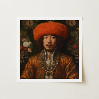 Prince Khaliun - Gay Mongolian Royalty Baroque Art Print / Canvas Framed Portrait Man Ornate Golden-brown Embroidered Attire Orange,