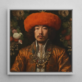 Prince Khaliun - Gay Mongolian Royalty Baroque Art Print / Canvas Framed Portrait Man Ornate Golden-brown Embroidered Attire Orange Prince