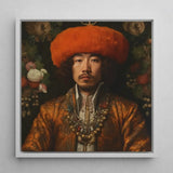 Prince Khaliun - Gay Mongolian Royalty Baroque Art Print / Canvas Framed Portrait Man Ornate Golden-brown Embroidered Attire Orange,