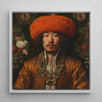 Prince Khaliun - Gay Mongolian Royalty Baroque Art Print / Canvas Framed Portrait Man Ornate Golden-brown Embroidered Attire Orange,