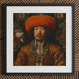 Prince Khaliun - Gay Mongolian Royalty Baroque Art Print / Canvas Framed Portrait Man Ornate Golden-brown Embroidered Attire Orange Prince