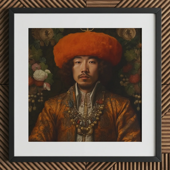 Prince Khaliun - Gay Mongolian Royalty Baroque Art Print / Canvas Framed Portrait Man Ornate Golden-brown Embroidered Attire Orange Prince