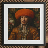 Prince Khaliun - Gay Mongolian Royalty Baroque Art Print / Canvas Framed Portrait Man Ornate Golden-brown Embroidered Attire Orange,