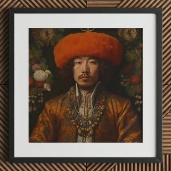 Prince Khaliun - Gay Mongolian Royalty Baroque Art Print / Canvas Framed Portrait Man Ornate Golden-brown Embroidered Attire Orange,