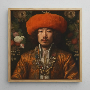 Prince Khaliun - Gay Mongolian Royalty Baroque Art Print / Canvas Framed Portrait Man Ornate Orange Fur Hat Gold-embroidered Prince