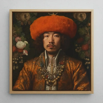 Prince Khaliun - Gay Mongolian Royalty Baroque Art Print / Canvas Framed Portrait Man Ornate Orange Fur Hat Gold-embroidered, Gaysian,