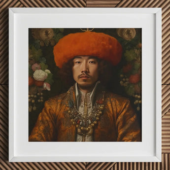Prince Khaliun - Gay Mongolian Royalty Baroque Art Print / Canvas Orange Fur Hat Intricate Beadwork Gold Accents, Gaysian, Princes Prints