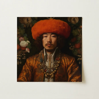 Prince Khaliun - Gay Mongolian Royalty Baroque Art Print / Canvas Square Canvas Print Portrait Man Ornate Orange Fur Prince Khaliun,