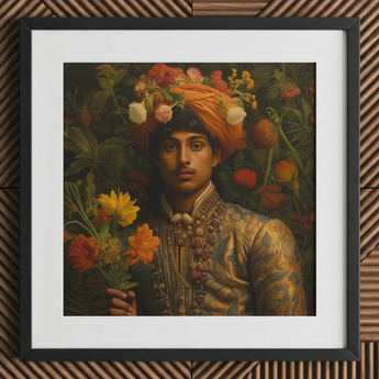 Prince Rajanikanta - Indian Gay Royalty Baroque Art Print / Canvas, 12x12’’ / 31x31cm / Black Frame / Matboard, Posters Prints & Visual