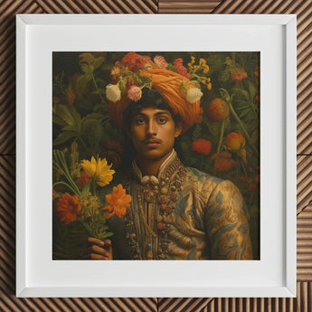 Prince Rajanikanta - Indian Gay Royalty Baroque Art Print / Canvas Gold Orange Turban Floral Decorations, Itty-bitty Pretty Committee,