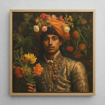 Prince Rajanikanta - Indian Gay Royalty Baroque Art Print / Canvas Square-framed Painting Man Ornate Gold-embroidered Attire Orange Turban,