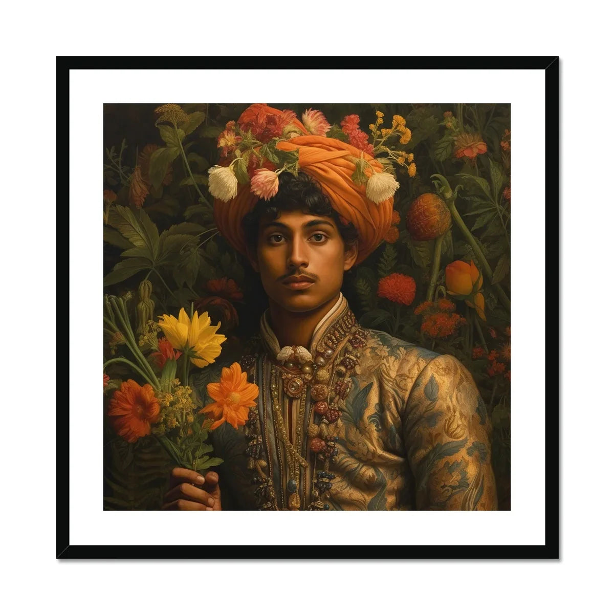 Prince Rajanikanta Indian Gay Royalty Baroque Art Print, Richly Adorned Figure Orange Floral Turban Ornate Gold Patterned