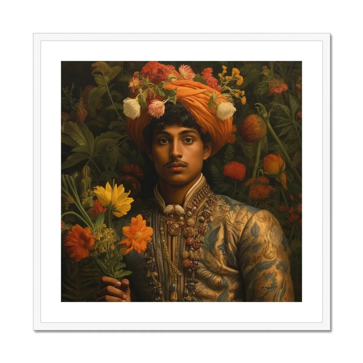 Prince Rajanikanta Indian Gay Royalty Baroque Art Print, Richly Adorned Figure Orange Floral Turban Ornate Gold Patterned