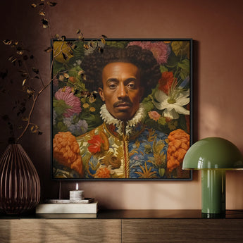 Prince Wesley - Afroamerican Gay Royalty Baroque Art Print / Canvas Framed Portrait Man Curly Hair Ornate Floral Attire, Itty-bitty Pretty