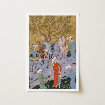Princely Hawking Party - Mirza Ali Art Print / Canvas Framed Intricate Traditional Persian-style Illustration Figures Ornate Among Ochre