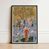Princely Hawking Party - Mirza Ali Art Print / Canvas Black-framed Intricate Colorful Miniature Painting Figures Among Ochre Boughs,