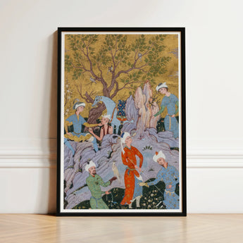 Princely Hawking Party - Mirza Ali Art Print / Canvas Black-framed Intricate Colorful Miniature Painting Figures Among Ochre Boughs,