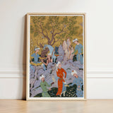 Princely Hawking Party - Mirza Ali Art Print / Canvas Framed Artwork Traditional Scene Figures Ornate Robes Turbans Among Ochre Boughs,