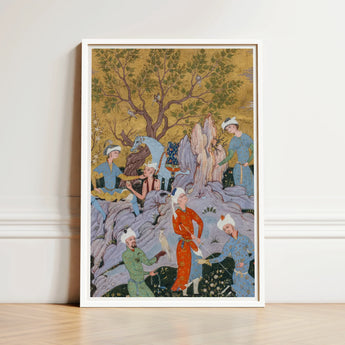 Princely Hawking Party - Mirza Ali Art Print / Canvas Framed Ornate Miniature Painting Figures Traditional Attire Golden Among Ochre